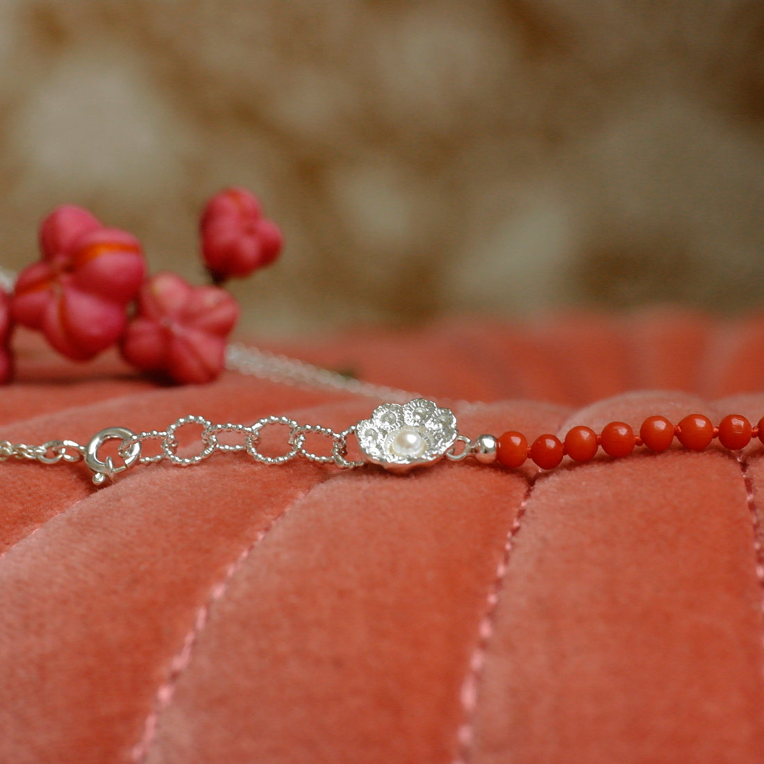 Dutch button small, red coral necklace